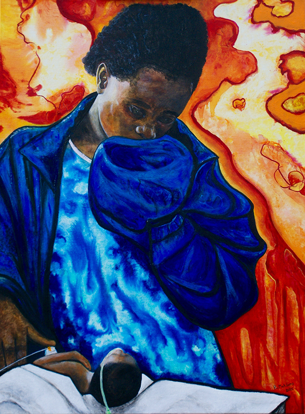 Dr. McAdams’ painting The Girl in Blue and Her Dying Newborn honors a teenaged Ugandan mother and her baby boy, who died the day after Dr. McAdams cared for him. It and an accompanying poem “Girl Mother Blue” were published in the May 2016 issue of Academic Medicine.